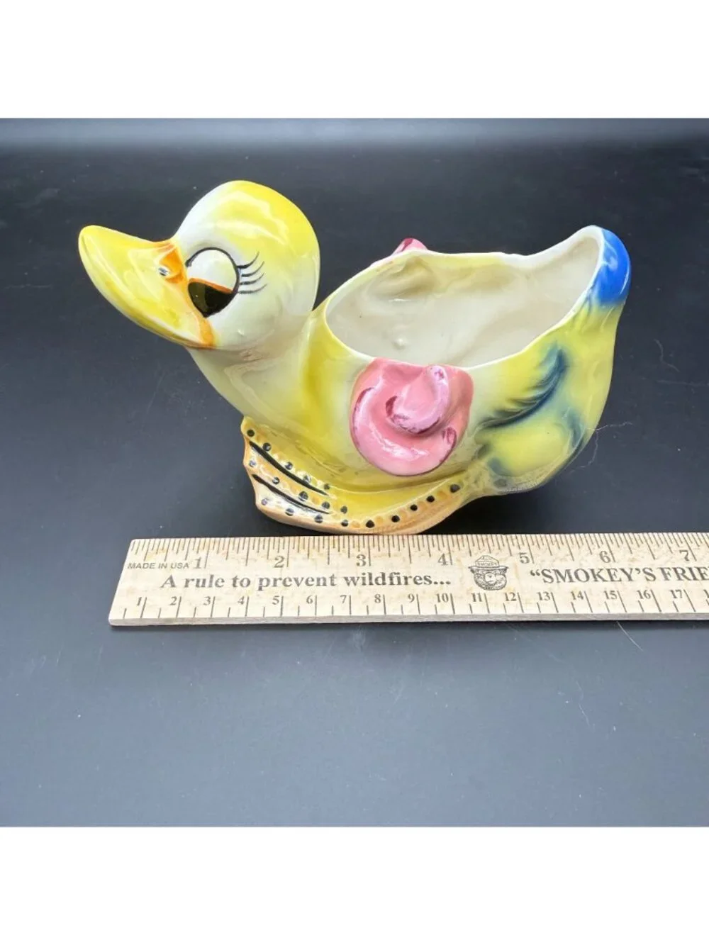 Vintage Duck Planter Ceramic Pottery Big Side Eyes Kitsch Nursery Decor Yellow